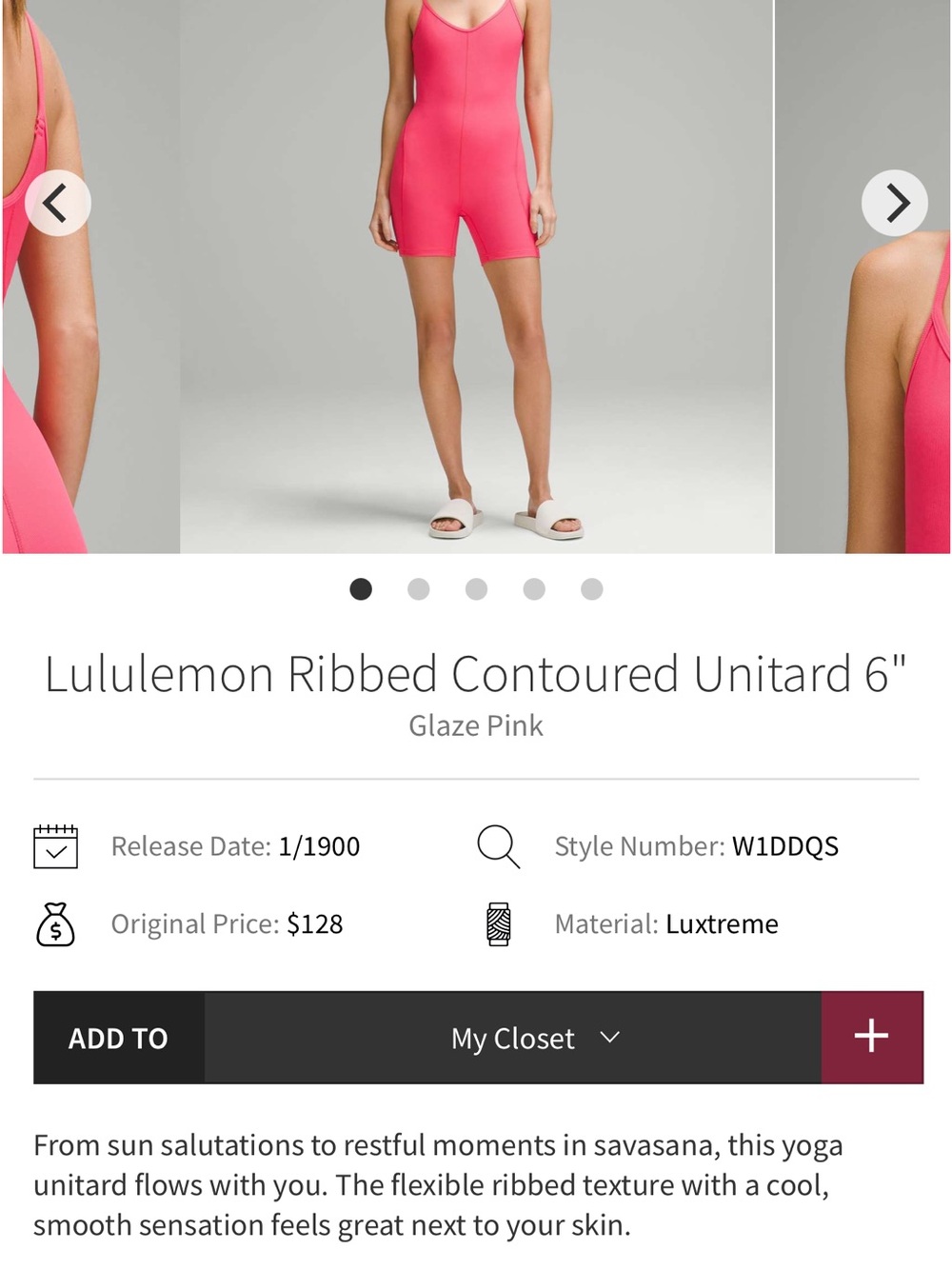 lululemon Ribbed Contoured Unitard 6" Glaze Pink size 14